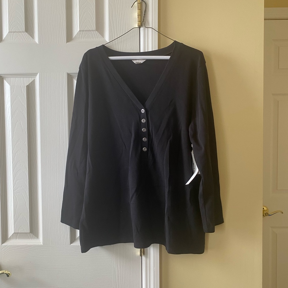 Caslon black waffle texture button shirt